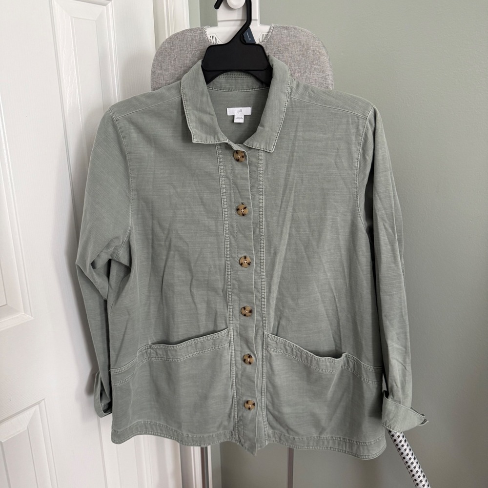 J.Jill Utility Field Jacket Women L Sage Cotton Chore Shacket Fall Layering